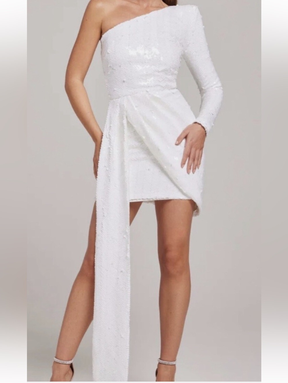 NADINE MERABI White Asymmetrical One-Shoulder Sequin Draped Mini Dress S Medium